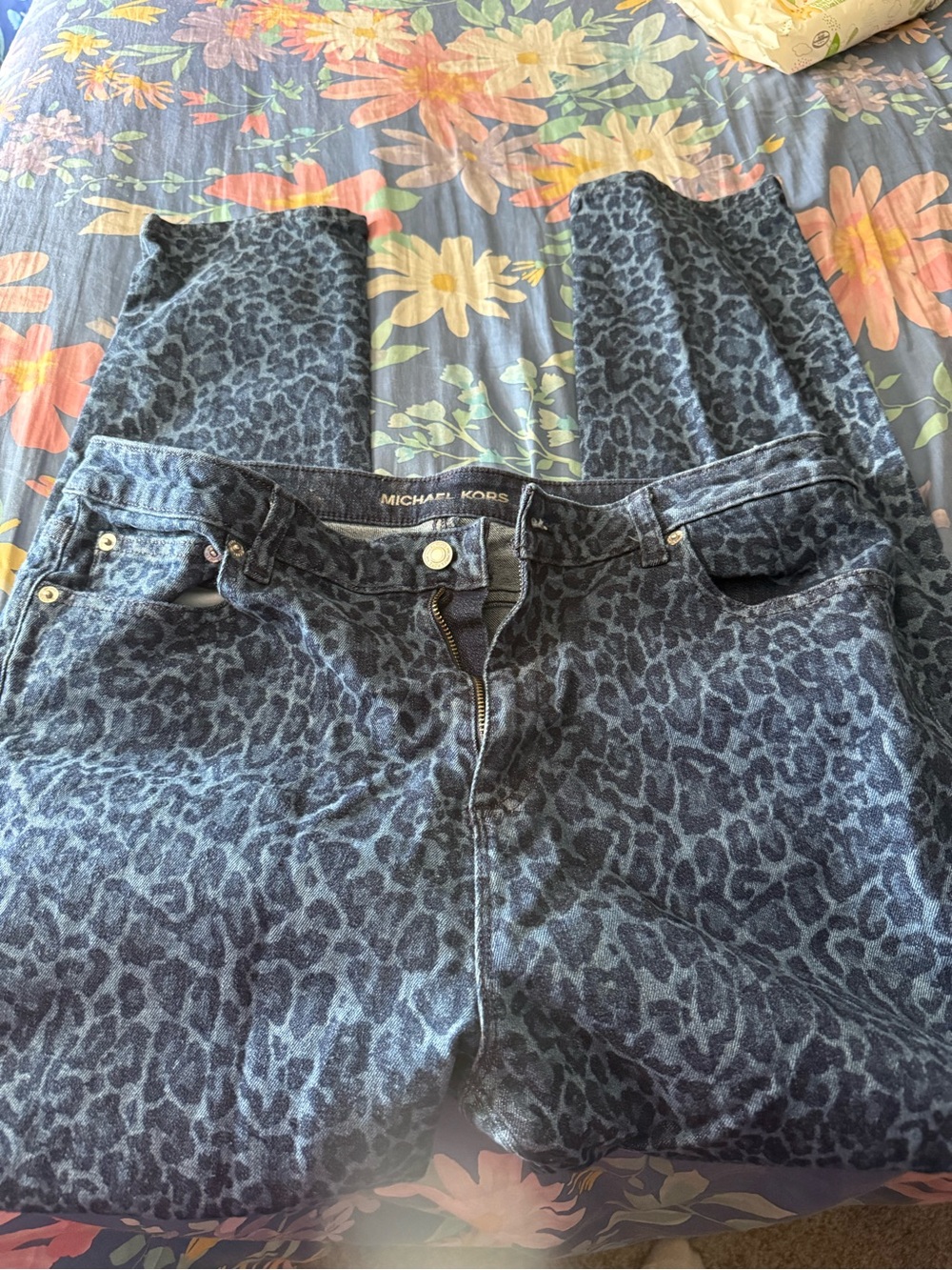 Michael Kors Women's Dark Blue Leopard-Print Skinny Jeans